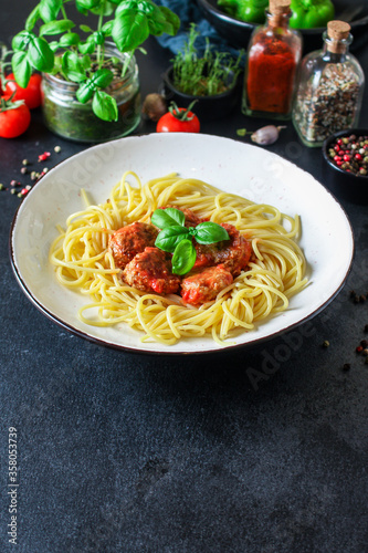 pasta spaghetti meatballs tomato sauce Menu concept healthy eating. food background copy space