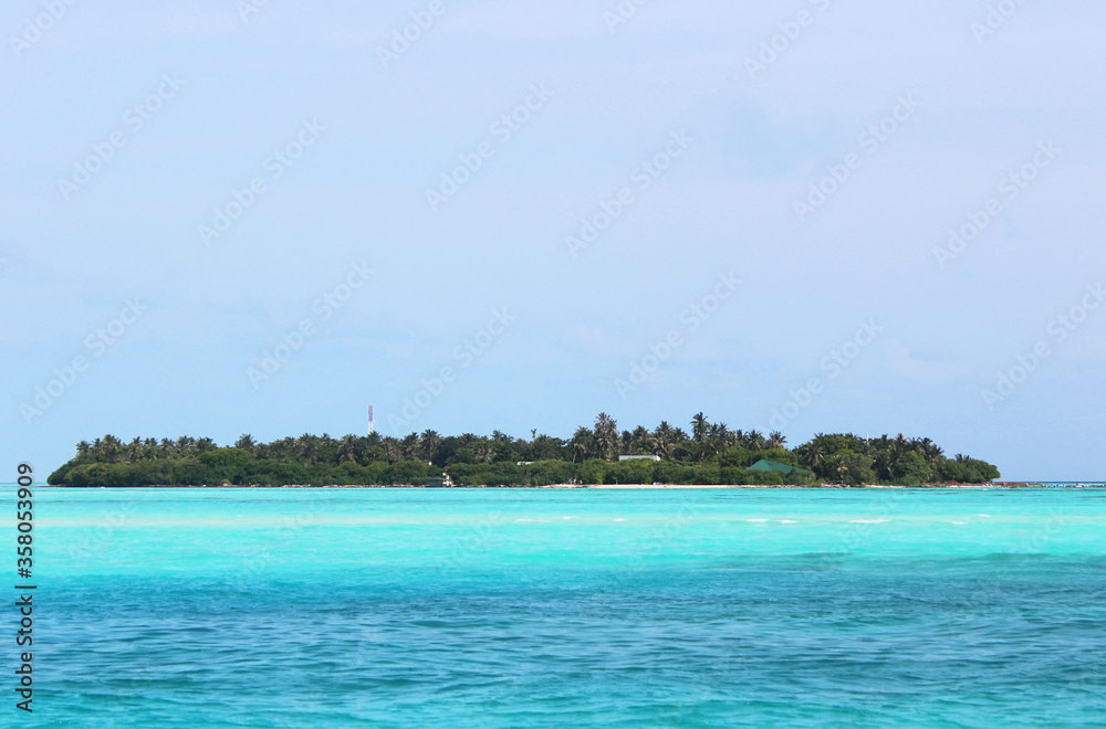 Fototapeta premium Small uninhabited Maldives island with green palm trees in azure waters of Indian ocean. Tropical beach vacation in luxury exotic resort