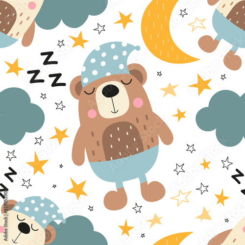 Seamless kids pattern for nursery decor, baby apparel, bedlinen. Cute sleeping bears, clouds, moon, stars. Vector illustration. Pattern is cut, no clipping mask.