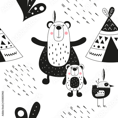 Seamless monochrome background for nursery decor. Indian bear, baby bear, bird, wigwam on white. Perfect for package, kids goods, wallpaper. Vector illustration. Pattern is cut, no clipping mask.