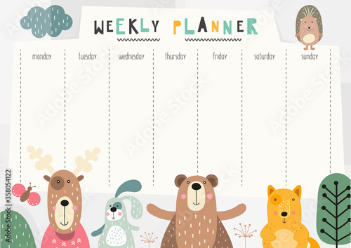 Weekly planner for kids with woodland animals. Childrens schedule in forest life theme. All days of the week. Vector illustration.