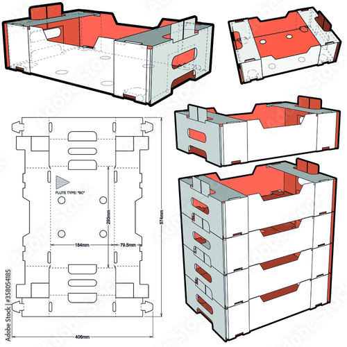 Stackable Retail Double Edge Box (Internal measurement 29.3x 18.4+ 7.95) and Die-cut Pattern. The .eps file is full scale and fully functional. Prepared for real cardboard production.