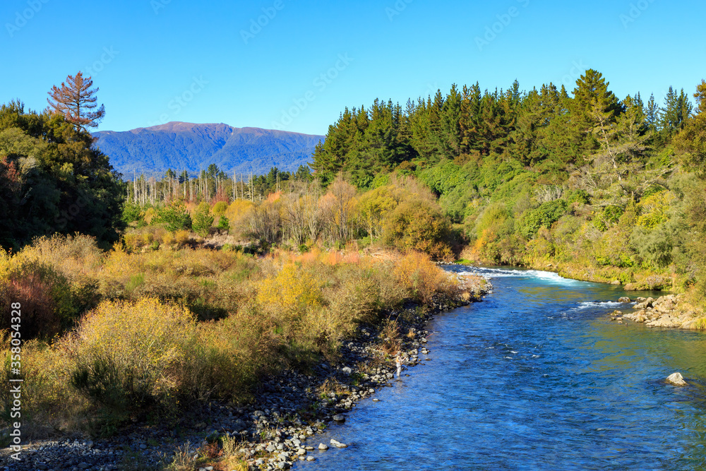 The Tongariro River, New Zealand, in autumn. Photographed at Red Hut Pool, a popular trout fishing spot