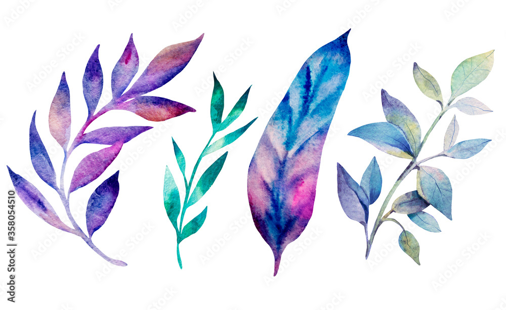 Watercolor set of tropical leaves on a white background. Botanical illustration is perfect for weddings, invitations, cards, advertising.