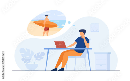 Office manager dreaming about vacation at sea flat vector illustration. Cartoon business person relaxing during job and thinking about surfing. Holiday and work concept