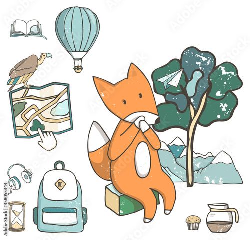 Travel Set of camping objects. Hand drawn cartoon vector with fox and icon for for searching way. Design element photo