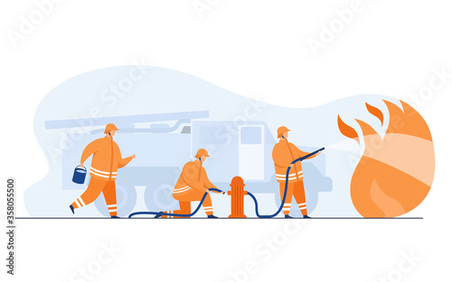 Brave firefighters firefighting with flame flat vector illustration. Cartoon firemen wearing uniform and helmets. Fire department, emergency service and safety concept