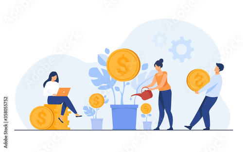 Young investors working for profit, dividend or revenue flat vector illustration. Cartoon employees investing capital. Investment, money and finance concept