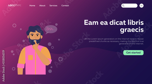 Shh man flat vector illustration. Cartoon serious man holding hand near mouth silence gesture. Business secret and please keep quiet concept