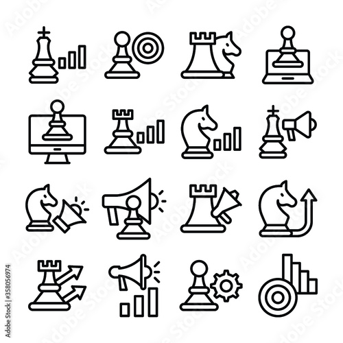 

Marketing Strategy, Business Goal, Chess Marketing Graph, Chess Marketing Concept, Business Marketing Line Vector Icons Set 
