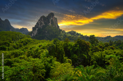 Rainforest of Khao Sok National Park at sunset, Thailand