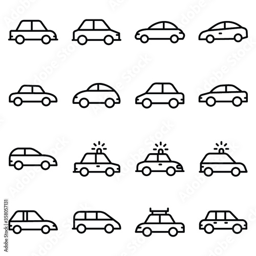 nCar, BMW Car, Muscle Car, , Hyundai Car, Police Sedan, Security Car, Family Wagon, Taxicab, Retro Car Line Vector Icons Set n