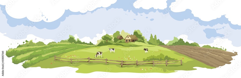 Abstract summer landscape -- farm fields / Vector illustration, rural view -- fields and meadows, old village, herd of cows Abstract summer landscape -- farm fields / Vector illustration, rural view -- fields and meadows, old village, herd of cows