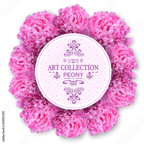 Vector square banner with realistic flowers of pink peony. Floral round wreath with frame for text isolated on white background. Design template for wedding invitation, greeting card, cosmetic product