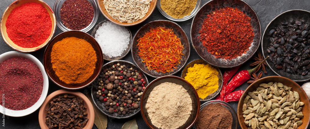 Various spices in bowls Various spices in bowls