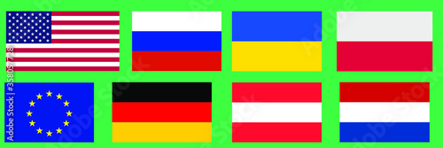 Set of flags: USA, Europe, Russia, Ukraine, Poland, Germany, Austria, the Netherlands. Vector stock illustration