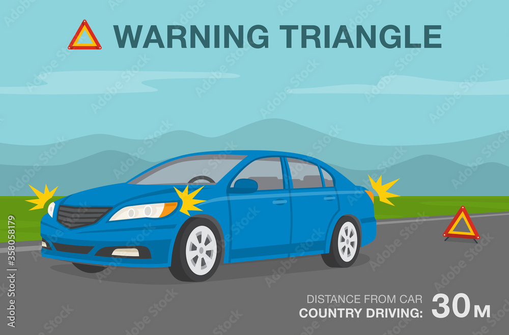 Country car driving. Hazard or Warning triangle placement rule. Red breakdown triangle stands near broken car on road side. Flat vector illustration.