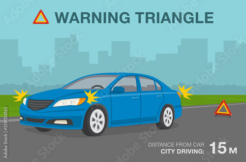 City car driving. Hazard or Warning triangle placement. Red breakdown triangle stands near broken car on road side. Flat vector illustration.