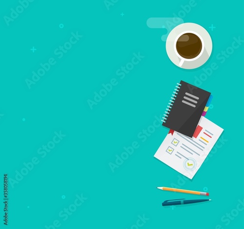 Workplace desk table top view for copy space with coffee cup, notepad and pens vector flat lay cartoon, idea of education or learning working place illustration