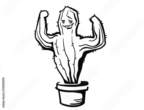 Cactus show muscle biceps. Vector Printable cartoon illustration isolated on white. Cactus character concept