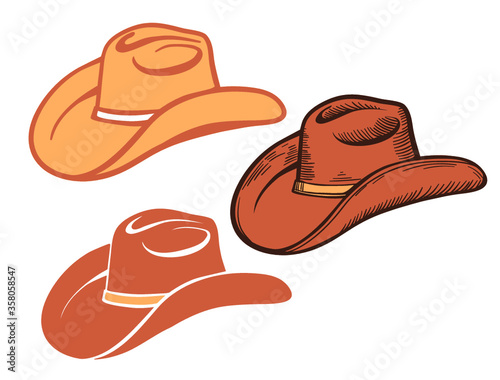 Cowboy hat. Set of brown American traditional Western hats isolated on white 