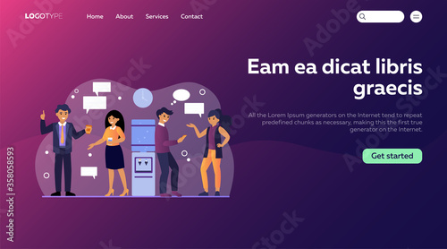 Colleagues meeting, business talk, communication concept. Office people gossiping at water cooler, drinking coffee, discussing work. Flat vector illustration