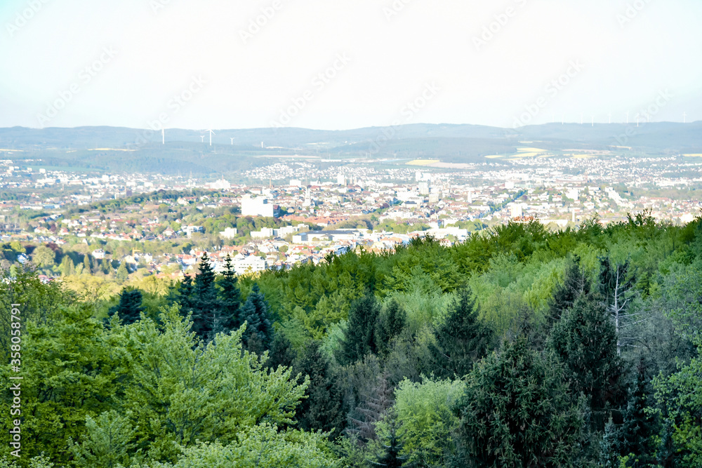 Kassel landscape with flowers and trees. top view of city and Forest.
