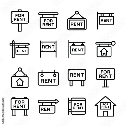 
For Rent, Information, Real Estate, Signboard Line Vector Icons Set

