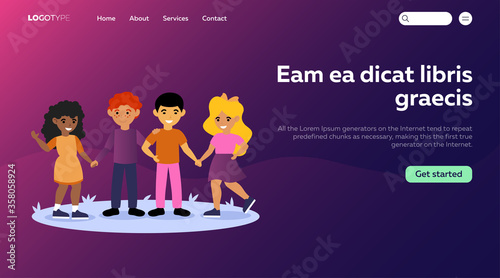 Multicultural children standing together and holding hands flat vector illustration. Cartoon smiling diverse classmates from international school group. Friendship and teamwork concept