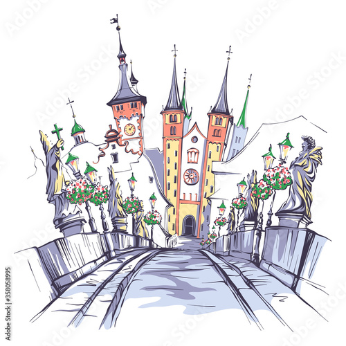 Vector sketch of Alte Mainbrucke, Old Main Bridge, with statues of saints in Wurzburg, Franconia, Northern Bavaria, Germany
