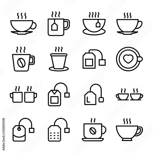  Hot Drink, Instant Tea, Tea Bag, Tea Cup, Tea Mug Line Vector Icons Set 