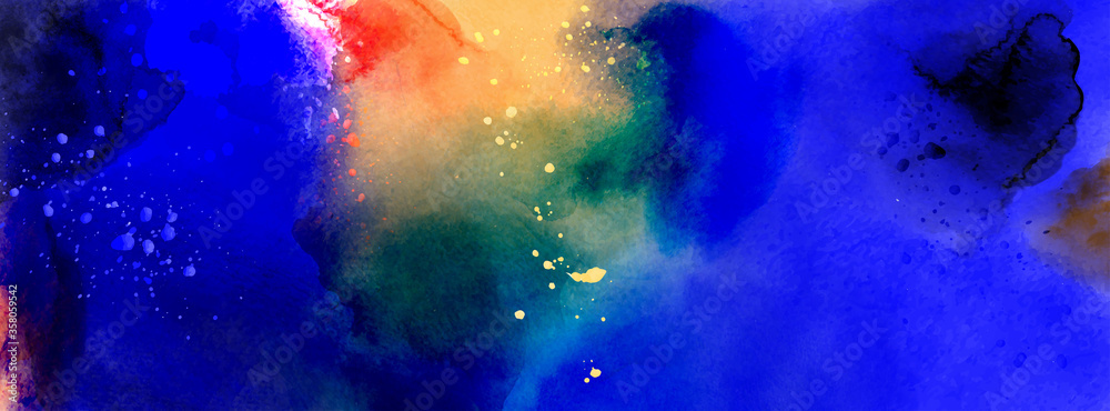 Fototapeta premium Deep sea water fantasy, from splattered dark blue watercolor