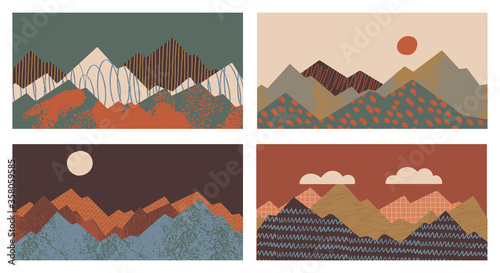 Set of different mountain landscapes. Minimal art illustration