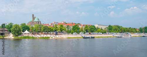 Panoramic view over beach cafes, restaurants and camping site for campers at the downtown near Elbe river in Magdeburg, Germany, 2020 Summer