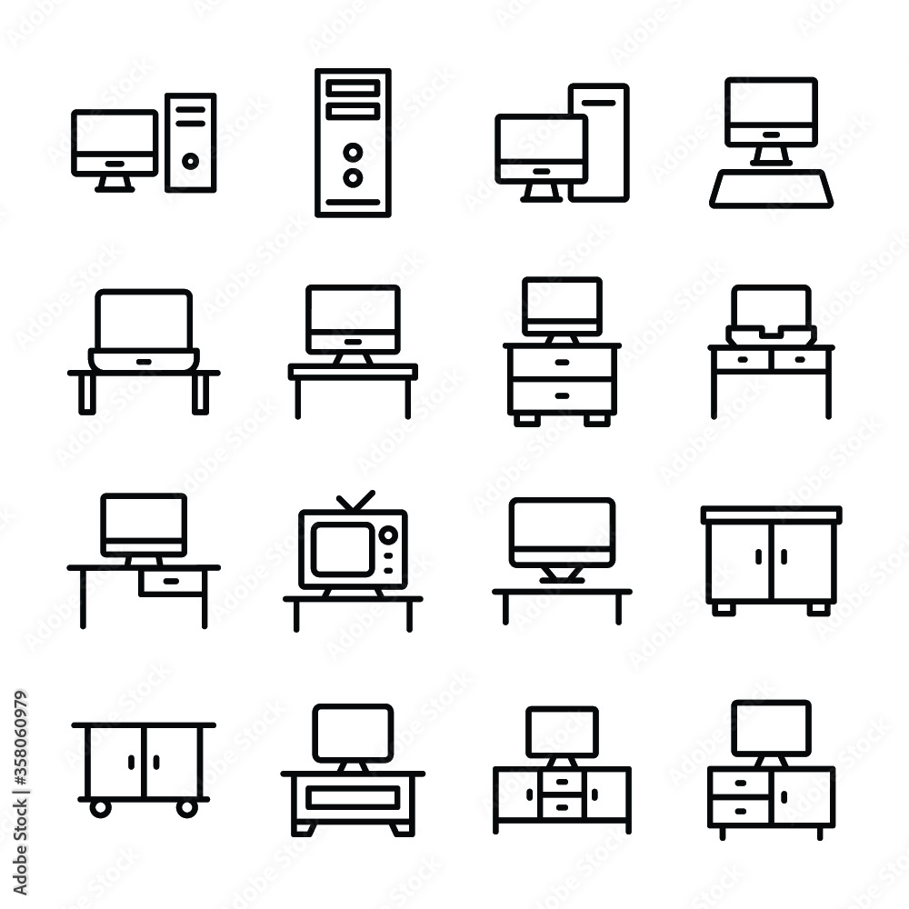 Workstation, Furniture, Home Interior, Monitor, Tv Stand, Tv Trolley Line Vector Icons Set
Workstation, Furniture, Home Interior, Monitor, Tv Stand, Tv Trolley Line Vector Icons Set