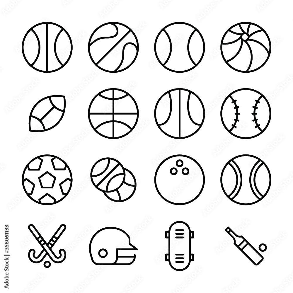 
Basketball, Baseball, Beach Ball, Ball, Rugby ball, Soccer Ball, Bowling Ball, Field Hockey, Sports Helmet, Skateboard, Cricket Line Vector Icons Set 

