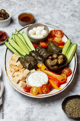 Middle Eastern meze platter with vegetables, crowd and tzatziki sauce