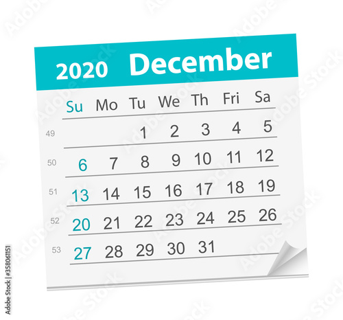 Calendar sheet for the month of December 2020. Vector Illustration. The week starts on Sunday
