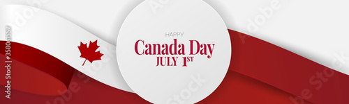 Canada day banner or header background. July 1 national holiday. Canadian flag waving ribbon with maple leaf. Vector illustration red and white colors.