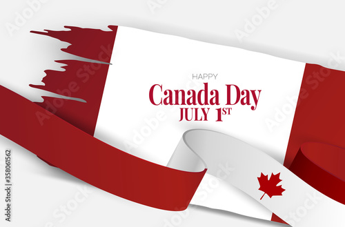 Canada day background. July 1st national holiday. Banner or advertising poster. Waving Canadian flag ribbon with maple leaf. Vector illustration.