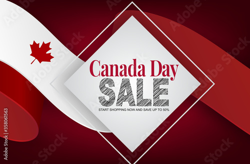 Canada day sale banner background. July 1st national holiday. Banner or advertising poster. Waving Canadian flag ribbon with maple leaf. Vector illustration.