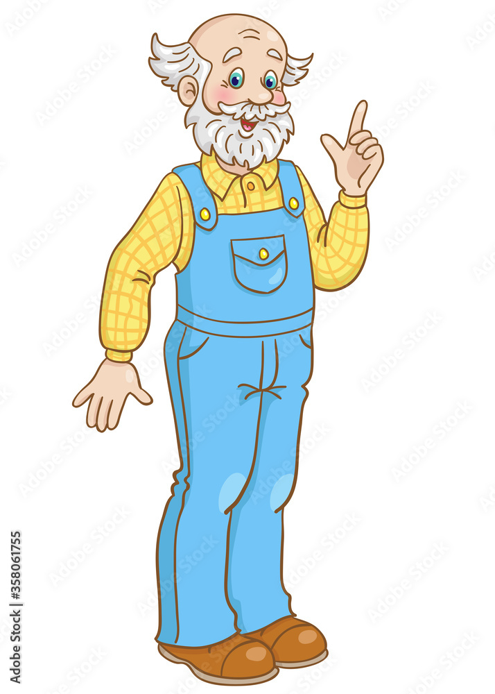 Cute grandfather is standing and pointing finger up. In cartoon style. Isolated on white background. Vector illustration. Cute grandfather is standing and pointing finger up. In cartoon style. Isolated on white background. Vector illustration.