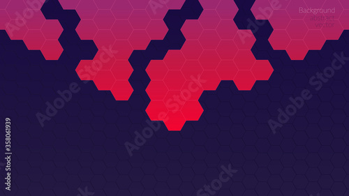 Vector abstract, geometric background, metallic colored red and pink hexagonal shapes on a gradient violet bright background. For banner, print design, place for text. Copyspace.
