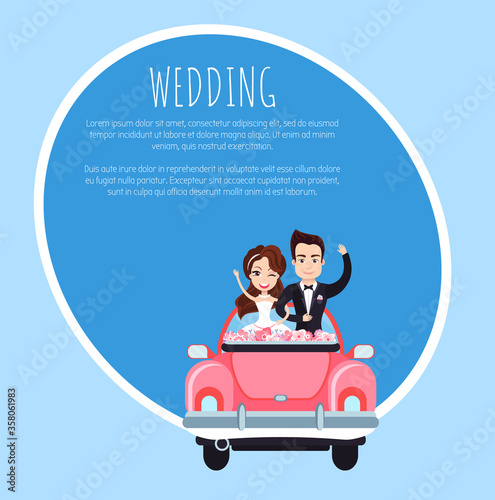 Wedding template card, smiling newlyweds with rising hands standing in holiday car with flowers, groom embracing bride in festive auto, invitation vector