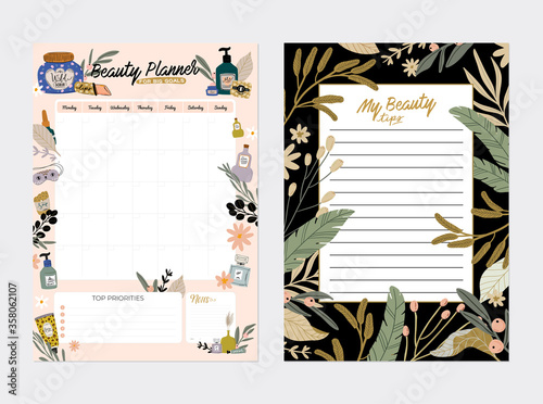 Collection of weekly or daily planner, note paper, to do list, stickers templates decorated by cute beauty cosmetic illustrations and trendy lettering. Trendy scheduler or organizer. Flat vector