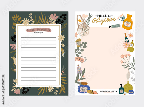 Collection of weekly or daily planner, note paper, to do list, stickers templates decorated by cute beauty cosmetic illustrations and trendy lettering. Trendy scheduler or organizer. Flat vector