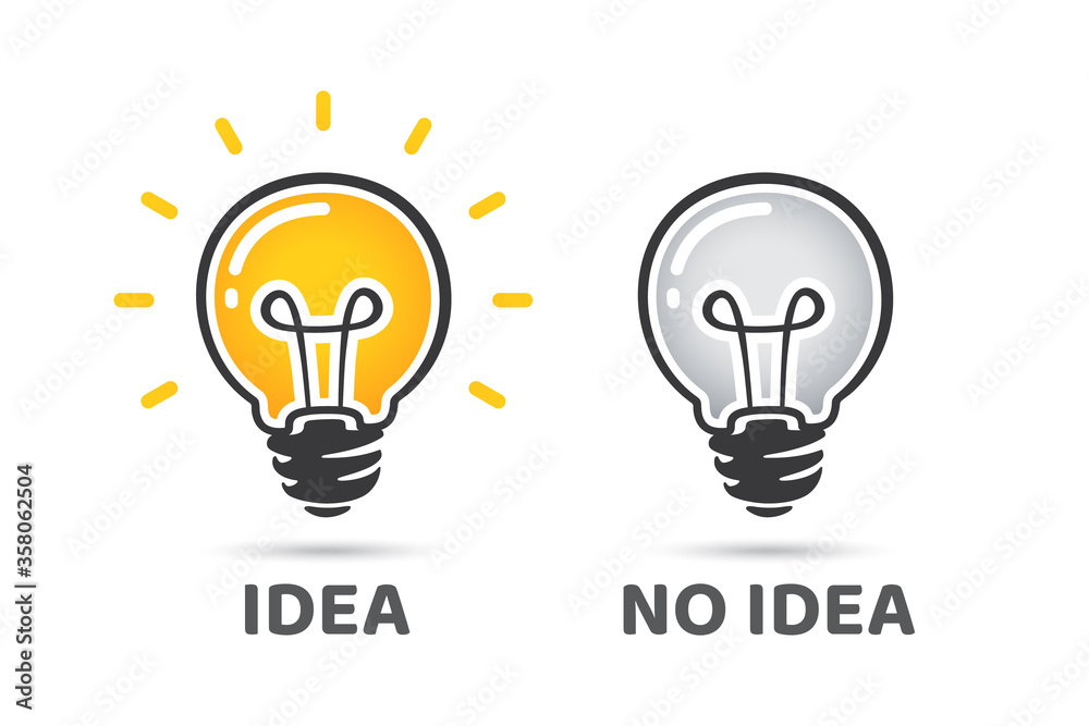 Idea and no idea concept. Light bulb vector icon. Bright idea symbol. Off light bulb, no idea symbol. Idea and no idea concept. Light bulb vector icon. Bright idea symbol. Off light bulb, no idea symbol.