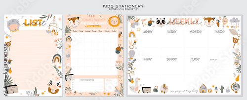 Stylish Scandinavian bathroom interior - bidet, tap, bath,toilet, sink, home decorations. Cozy modern comfy apartment furnished in Hygge style. Vector illustration