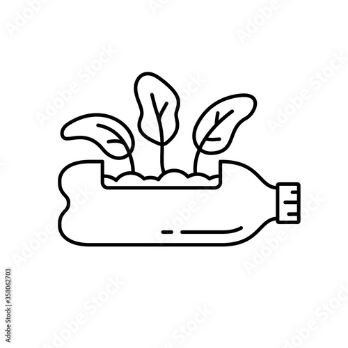 Plastic bottle as plant pot. Flower in horizontal PET container. Linear icon of growing home seedlings. Black simple illustration of upcycle theme. Contour isolated vector emblem, white background