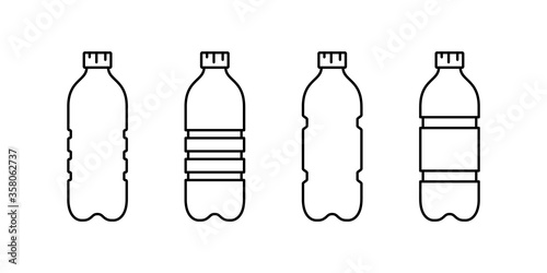 Plastic bottle icon set. Linear emblem of ribbed PET recycling packaging. Black simple illustration of tall container for water, liquid, oil. Contour isolated vector clipart on white background